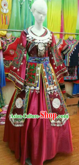 Chinese Traditional Miao Nationality Wedding Wine Red Costume Hmong Folk Dance Ethnic Clothing for Women