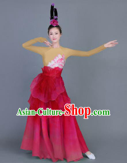 Chinese Traditional Classical Dance Costume Folk Dance Lotus Dance Red Dress for Women