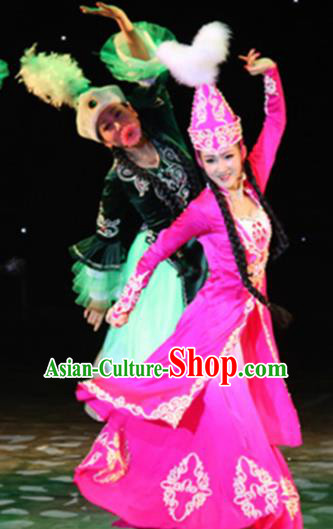 Chinese Traditional Uyghur Nationality Costume Uigurian Folk Dance Ethnic Rosy Dress for Women