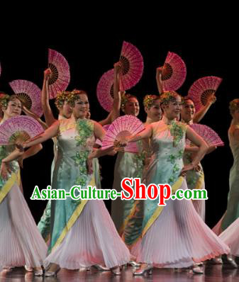 Chinese Traditional Fan Dance Costume Folk Dance Green Dress for Women