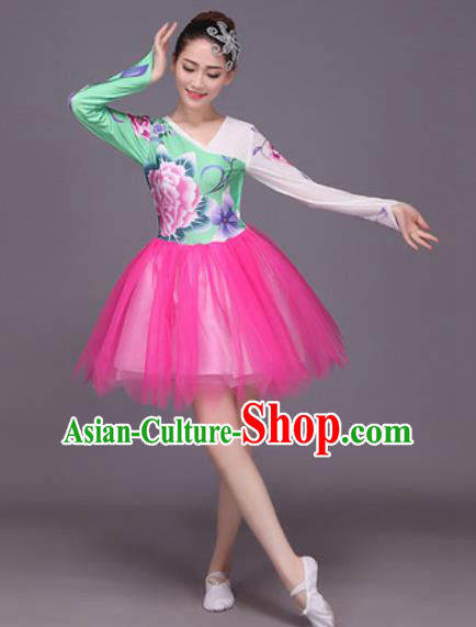 Chinese Classical Dance Costume Traditional Folk Dance Rosy Veil Dress for Women