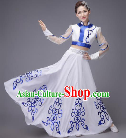 Chinese Traditional Mongol Nationality Costume Mongolian Folk Dance Ethnic White Dress for Women