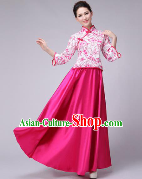 Chinese Classical Dance Fan Dance Costume Traditional Folk Dance Chorus Rosy Dress for Women