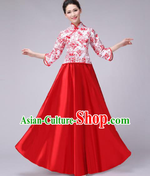 Chinese Classical Dance Fan Dance Costume Traditional Folk Dance Chorus Red Dress for Women