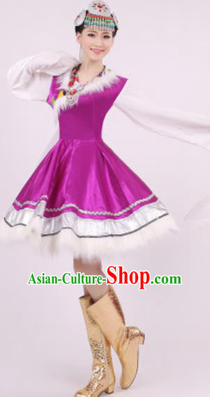 Chinese Traditional Zang Nationality Purple Dress Tibetan Folk Dance Ethnic Costume for Women