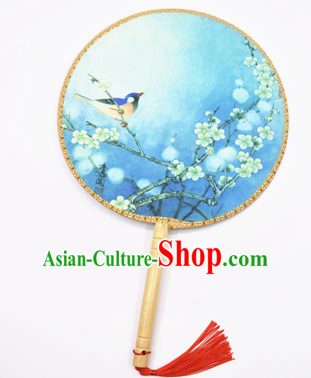Chinese Ancient Palace Fans Handmade Traditional Printing Blue Silk Round Fans for Women
