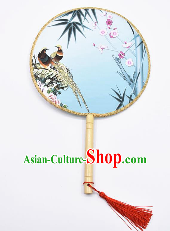 Chinese Ancient Palace Fans Handmade Traditional Printing Birds Blue Silk Round Fans for Women