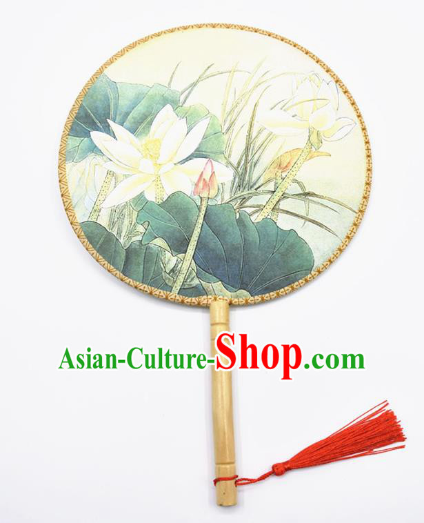 Chinese Ancient Palace Fans Handmade Traditional Printing Lotus Silk Round Fans for Women