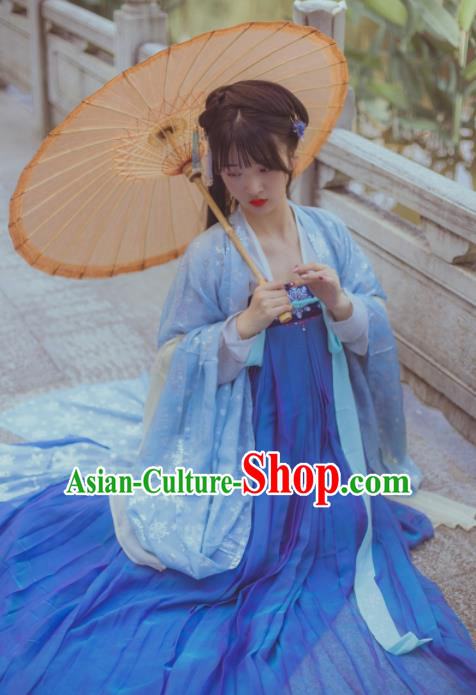 Chinese Ancient Maidenform Costumes Tang Dynasty Princess Embroidered Blue Hanfu Dress for Women