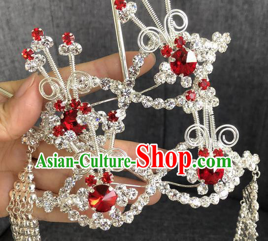 Chinese Traditional Beijing Opera Hair Accessories Ancient Red Crystal Hairpins for Women
