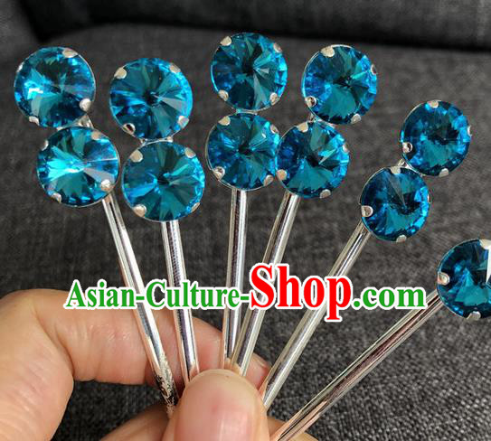 Chinese Traditional Peking Opera Diva Blue Crystal Hair Accessories Ancient Princess Hairpins for Women