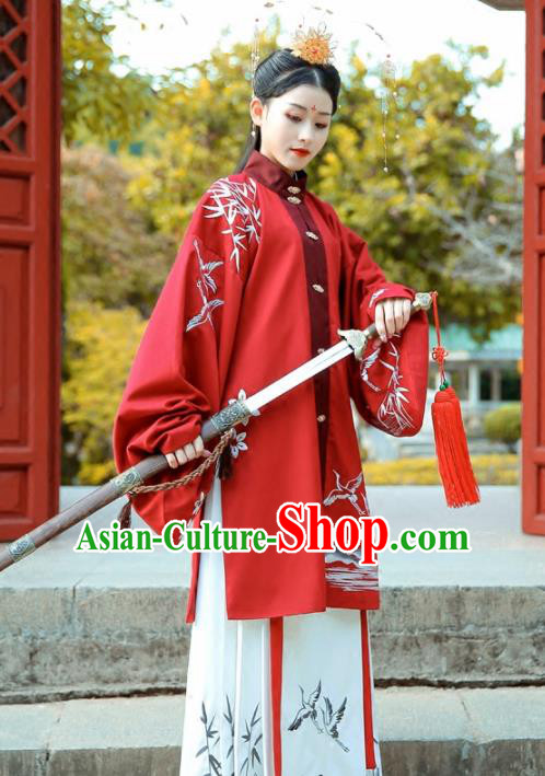Chinese Ancient Ming Dynasty Swordswoman Costumes Embroidered Red Hanfu Dress for Women