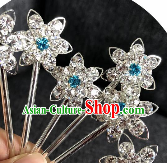 Chinese Traditional Peking Opera Diva Hair Accessories Ancient Blue Crystal Flower Hairpins for Women