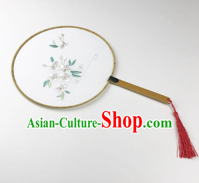 Chinese Ancient Princess Palace Fans Traditional Embroidered White Flowers Round Fans for Women
