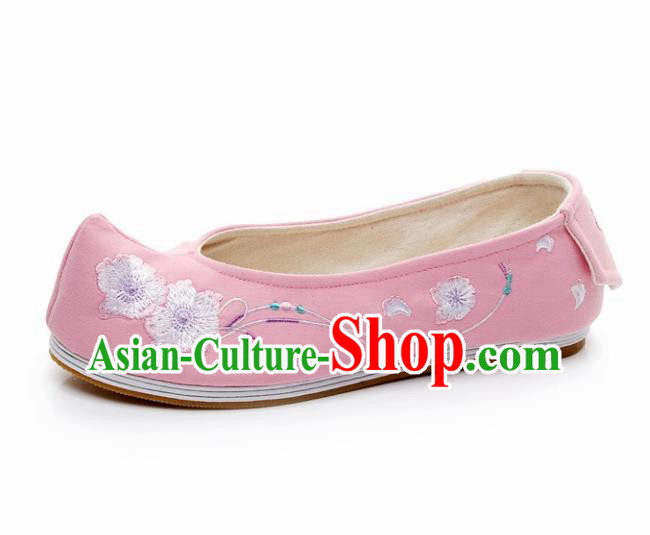 Chinese Ancient Traditional Embroidered Shoes Hanfu Embroidery Peach Flower Pink Cloth Shoes for Women