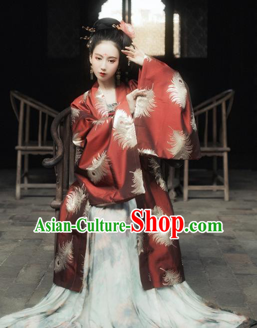Chinese Tang Dynasty Imperial Consort Historical Costumes Ancient Peri Embroidered Red Hanfu Dress for Women