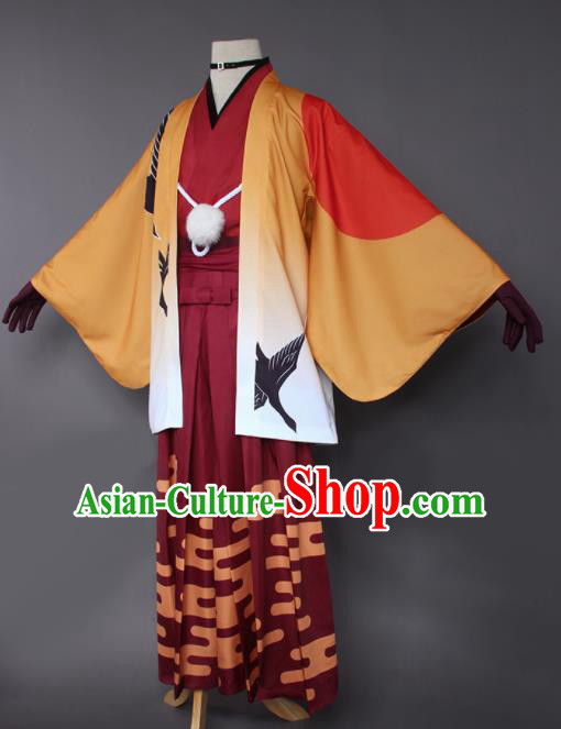 Japanese Traditional Cosplay Knight Costumes Ancient Swordsman Orange Kimono Clothing for Men