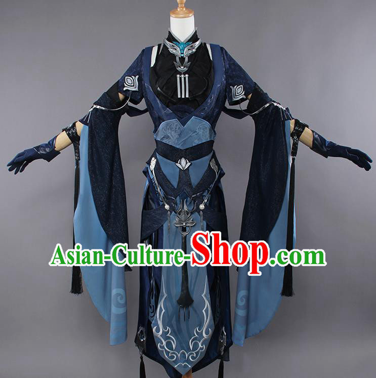 Chinese Traditional Cosplay Female Swordsman Costumes Ancient Knight Navy Dress for Women