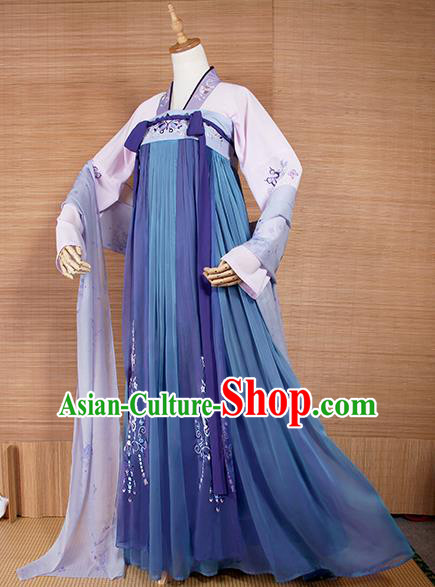 Top Grade Chinese Cosplay Princess Costumes Ancient Tang Dynasty Palace Lady Blue Dress for Women