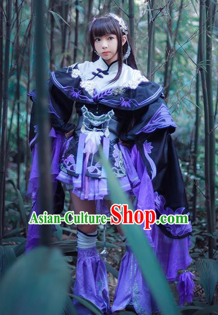 Top Grade Chinese Cosplay Costumes Ancient Young Lady Swordswoman Purple Dress for Women