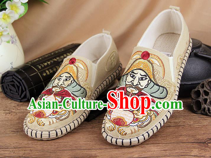 Chinese National Shoes Traditional Cloth Shoes Embroidery Beige Shoes for Men
