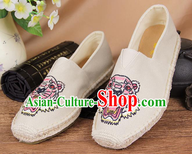 Chinese National Shoes Traditional White Cloth Shoes Embroidery Tiger Shoes for Men