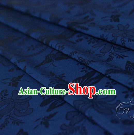 Asian Chinese Traditional Deep Blue Jacquard Silk Fabric Ancient Hanfu Brocade Fabric Drapery Material