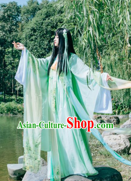 Chinese Ancient Peri Princess Green Hanfu Dress Embroidered Costumes for Women