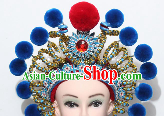 Chinese Traditional Peking Opera Blues Hair Accessories Ancient Female Warriors Blue Venonat Helmet for Women