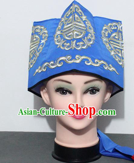Chinese Traditional Peking Opera Old Gentleman Hat Ancient Ministry Councillor Blue Hat for Men