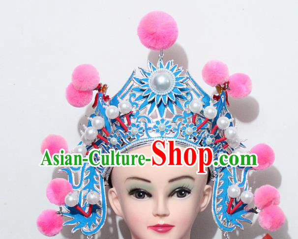 Chinese Traditional Peking Opera Blues Hair Accessories Ancient Female Warriors Pink Venonat Helmet for Women