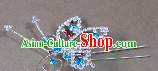 Chinese Traditional Peking Opera Diva Hair Accessories Ancient Princess Blue Crystal Butterfly Hairpins for Women