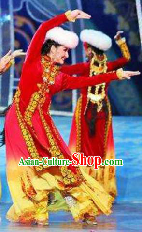 Chinese Traditional Ethnic Costumes Uyghur Minority Nationality Dance Red Dress for Women