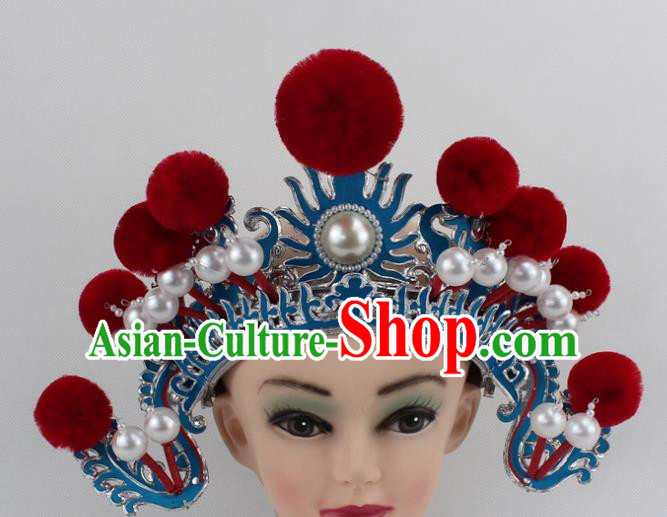 Chinese Traditional Peking Opera Blues Red Venonat Helmet Ancient Magic Warriors Hat for Women