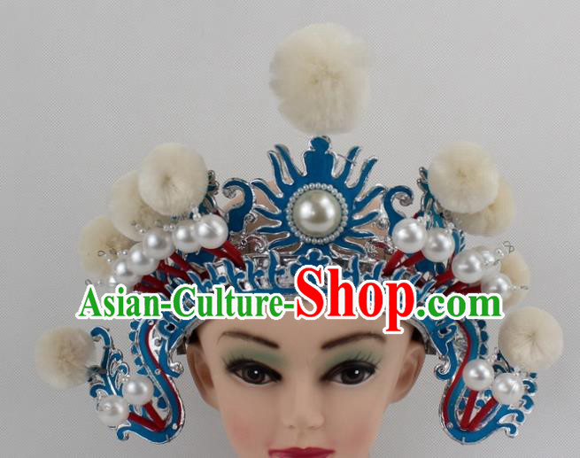 Chinese Traditional Peking Opera Blues White Venonat Helmet Ancient Magic Warriors Hat for Women