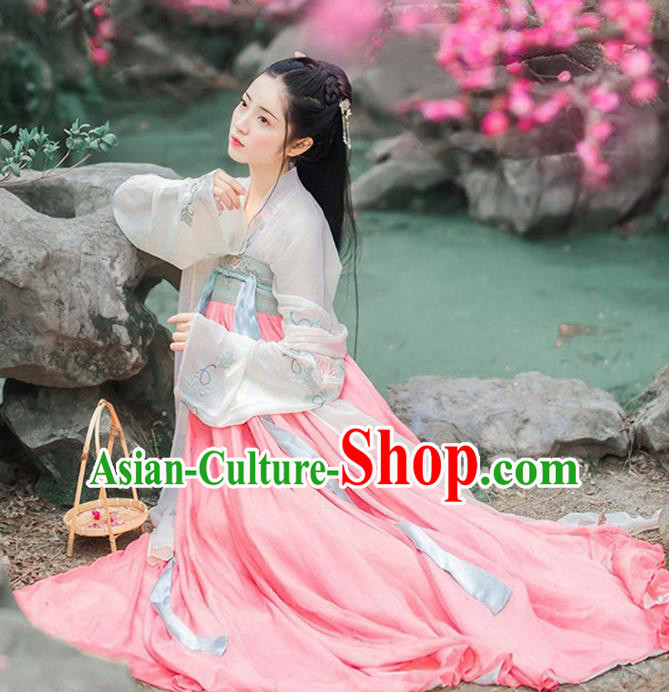 Chinese Ancient Nobility Lady Embroidered Costumes Tang Dynasty Palace Princess Pink Hanfu Dress for Women