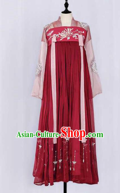 Traditional Chinese Ancient Peri Goddess Red Hanfu Dress Tang Dynasty Princess Embroidered Costumes for Women