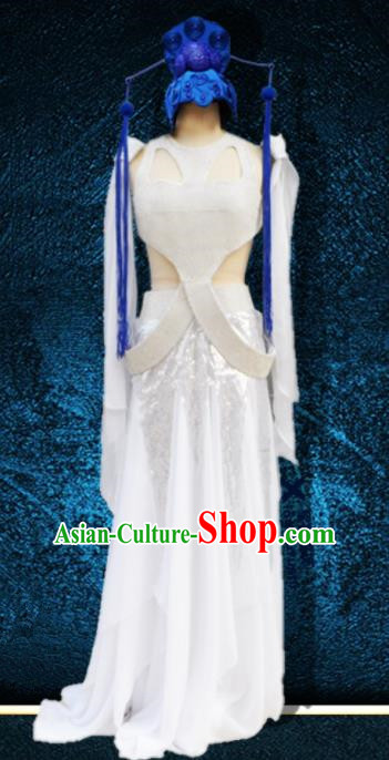 Chinese Traditional Classical Dance Costumes Stage Performance Folk Dance White Dress for Women