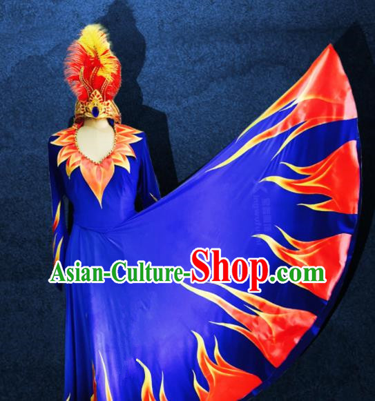 Chinese Traditional Ethnic Costumes Uigurian Minority Nationality Dance Blue Dress for Women