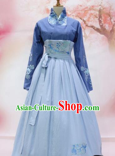 Traditional Chinese Tang Dynasty Embroidered Costume Ancient Princess Blue Hanfu Dress for Women