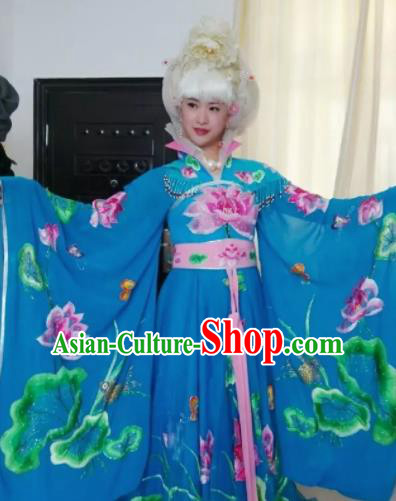 Traditional Chinese Tang Dynasty Costume Ancient Imperial Consort Embroidered Lotus Blue Hanfu Dress for Women