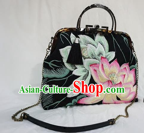 Chinese Traditional Embroidered Craft Handmade Embroidery Lotus Black Bags for Women
