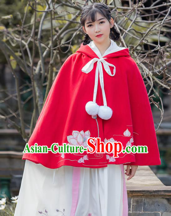 Traditional Chinese Ancient Princess Costumes Embroidered Lotus Red Cloak for Women