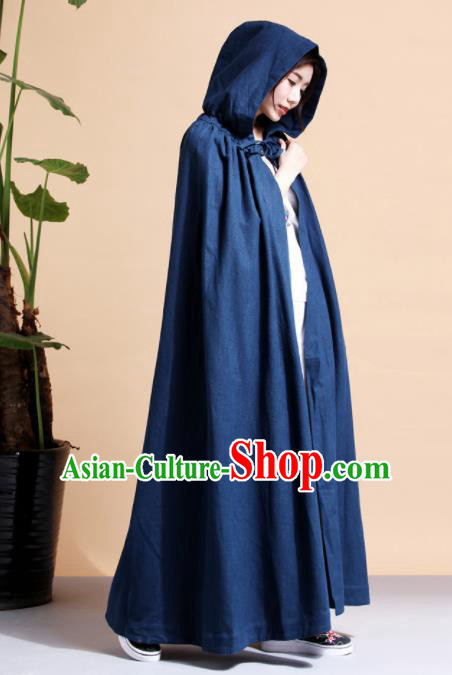 Chinese Traditional Costumes Ancient Hanfu Navy Long Cloak for Women
