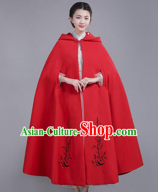 Chinese Traditional Costumes Ancient Hanfu Embroidered Red Woolen Cloak for Women