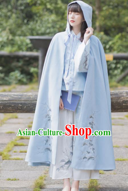 Chinese Traditional Costumes Ancient Princess Hanfu Embroidered Blue Woolen Cloak for Women