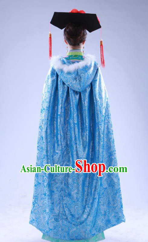 Chinese Traditional Costumes Ancient Qing Dynasty Princess Hanfu Blue Brocade Cloak for Women