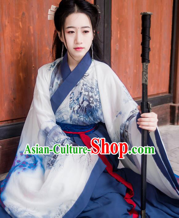 Chinese Traditional Hanfu Dress Ancient Jin Dynasty Swordswoman Costumes Complete Set