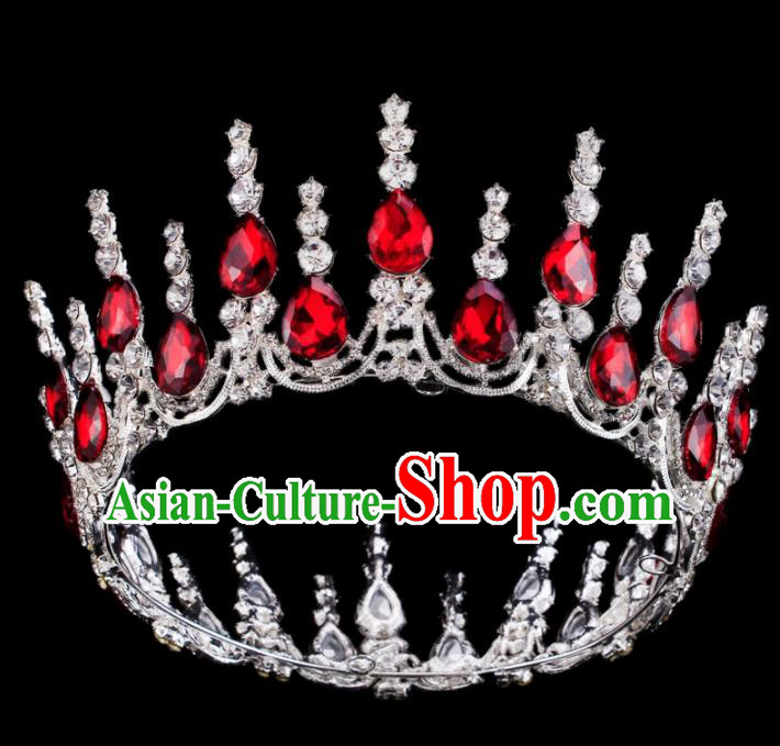 Baroque Wind Retro Hair Accessories Bride Red Rhinestone Round Royal Crown for Women