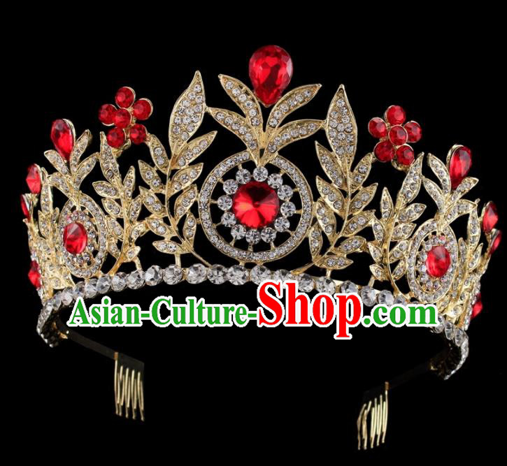 Top Grade Baroque Wind Retro Hair Accessories Bride Red Crystal Golden Royal Crown for Women